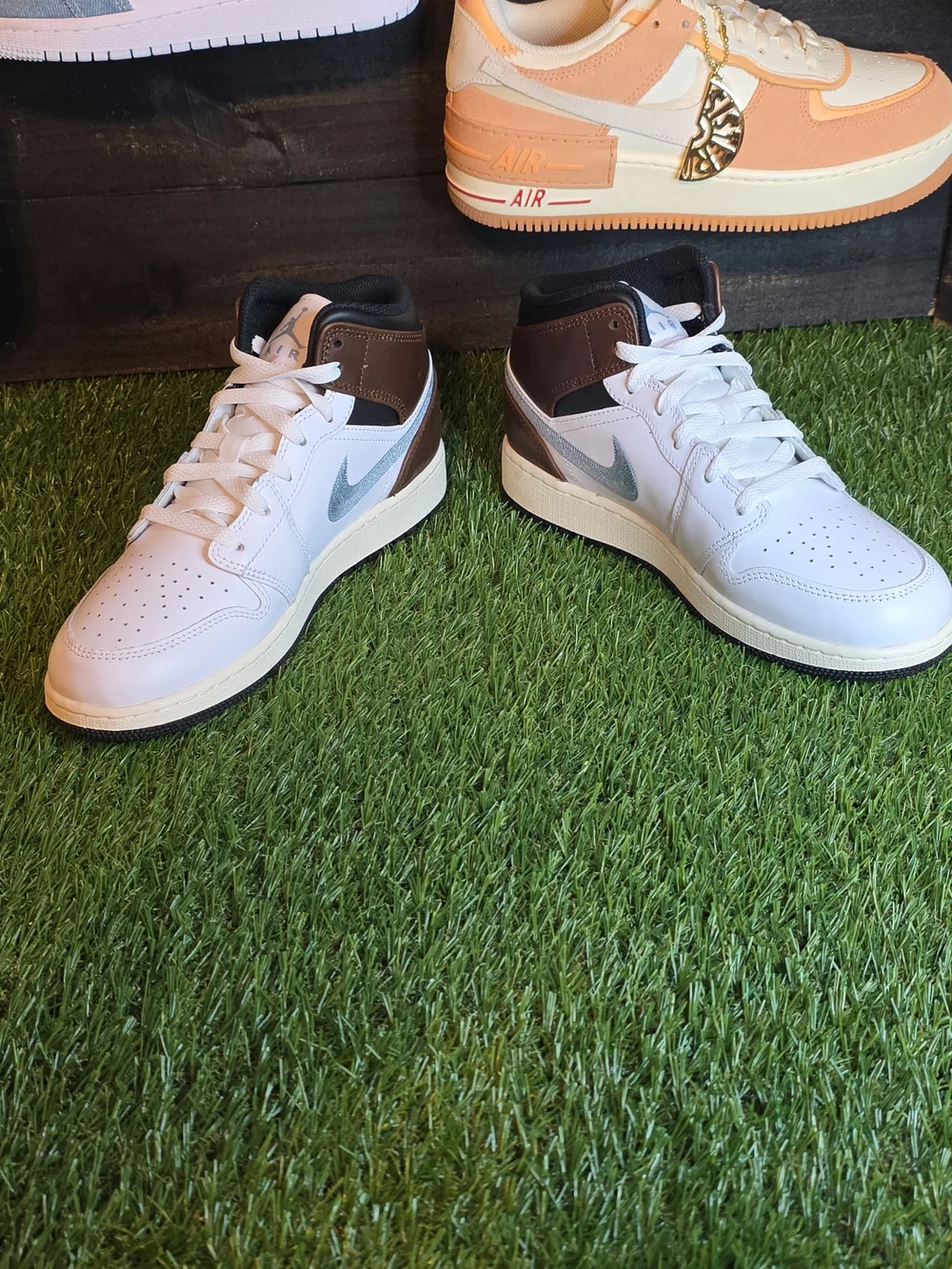 Nike Kids' Mid-Top Sneakers in White, Brown & Gray